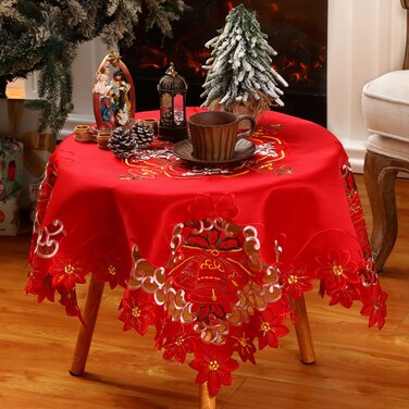 Tingjoo Christmas Small Tablecloth Red Poinsettia Table Cover 34" Square Embroidered Tablecloth Topper with Gold Cutwork Flower Bell Table Cloth for Xmas Winter Holiday Table Decorations