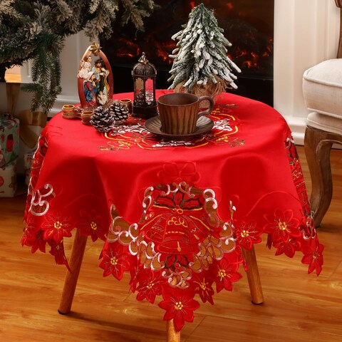 Tingjoo Christmas Small Tablecloth Red Poinsettia Table Cover 34&quot; Square Embroidered Tablecloth Topper with Gold Cutwork Flower Bell Table Cloth for Xmas Winter Holiday Table Decorations