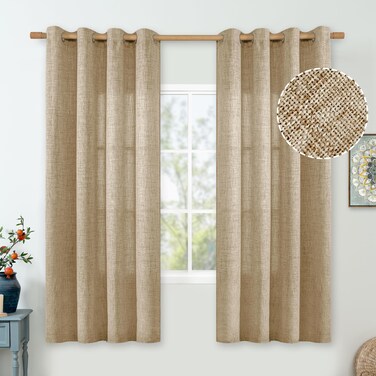 QUEMAS Linen Curtains 63 Inch Length for Bedroom/Dining Room Window Light Filtering, Thick Burlap Semi Sheer Farmhouse Non See Through Grommet Living Room Drapes, 52 Inch Wide 2 Panel, Toffee Brown