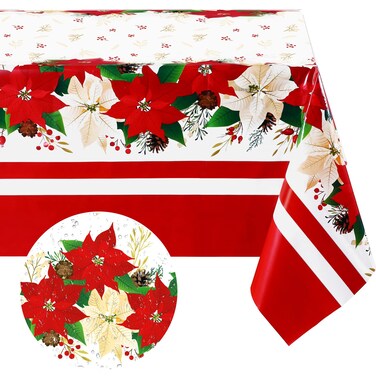 3 Pieces Christmas Plastic Tablecloth Poinsettia Rectangle Tablecloth Stain Resistent Tablecloth Oval Disposable Christmas Tablecloth Red Christmas Tablecloth for Christmas Home Decor, 54 x 71 Inch