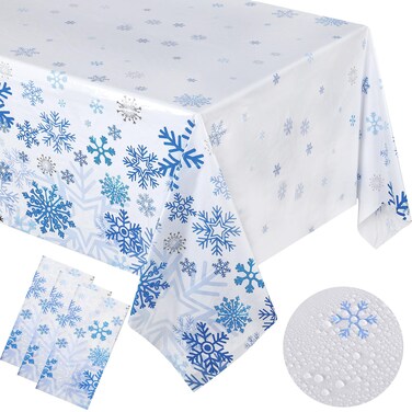 Oudain 3 Pcs Christmas Winter Snowflake Tablecloth Blue White Snowflakes Plastic Tablecloth Disposable Winter Table Cloth Snow Holiday Table Cover for Birthday Party Supplies Decorations, 54 x 108 in
