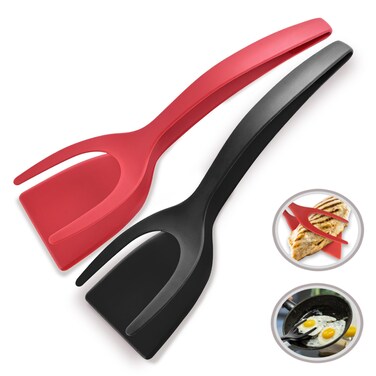 2 in 1 Flipper Spatula with tongs - Nylon Easy Grip Flip Spatula for Hash browns, Burgers, Steaks, French Toast, Omelets, Pancakes - Non-Stick Head, Ergonomic Handle, Withstands High Temperatures