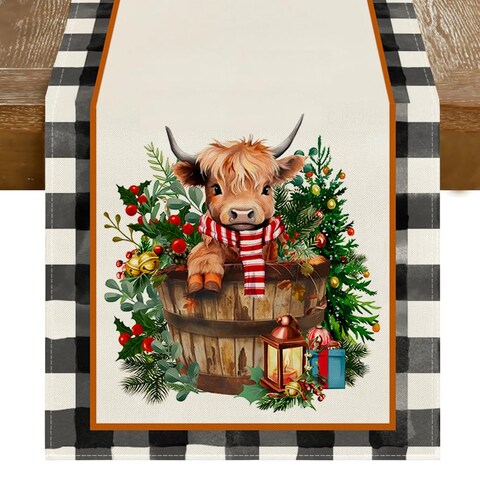 ARGOOFG Christmas Table Runner,Highland Cow Buffalo Plaid Seasonal Winter Holiday Kitchen Dining Table Xmas Christmas Tree Decoration Farmhouse Christmas Decor for Indoor Home Party 13x90 Inch