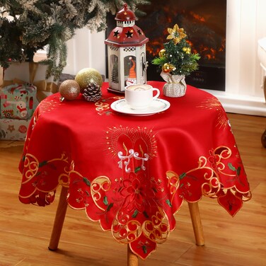 Tingjoo Small Christmas Table Cloth Christmas Poinsettia Tablecloth Topper 33" Square Christmas Embroidered Tablecloth with Embroidery and Cutwork Candle Flower Ornament for Centerpiece