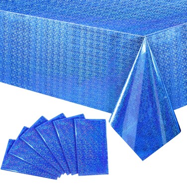 Tudomro 6 Pack Table Cover Bulk Blue Foil Tablecloth Iridescence Plastic Tablecloths Foil Shiny Disposable Laser Rectangle Table Cloths for Party Birthday Wedding Holiday Home Decorations, 54 x 108