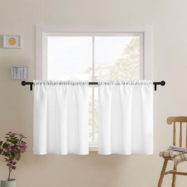 Home Queen White Waffle Bathroom Window Curtains, Water Repellent Rod Pocket Short Kitchen Drapes for Small Window, 2 Panels, 36 X 24 Each