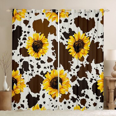 Sunflower Cow Curtains for Living Room Decor,Rustic Cowhide Brown Blackout Curtains with Yellow Floral 42X63 2 Panels,Wildlife Farmhouse Cow Window Drapes Abstract Milk Cow Window Treatments
