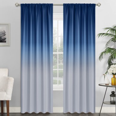 SimpleHome Rod Pocket Ombre Room Darkening Curtains for Living Room, Light Blocking Gradient Blue and Greyish White Thermal Insulated Window Curtains/Drapes for Bedroom, 2 Panels, 52x84 inches Length