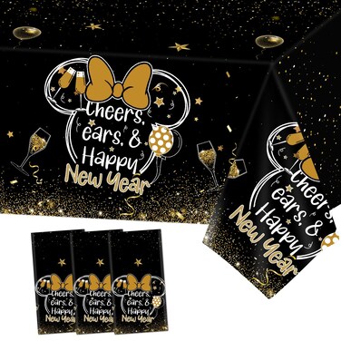 2025 Happy New Year Tablecloth Black and Gold Mouse Plastic Table Cover for New Years Eve Party Decorations 43x70Inch