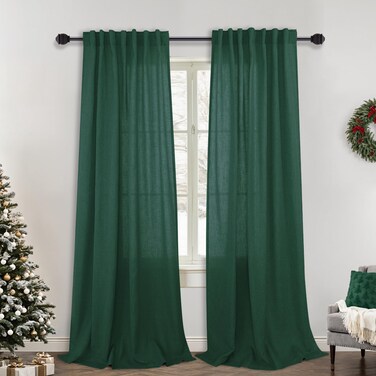 Hunter Green Faux Linen Curtains for Bedroom, Rod Pocket and Back Tab Emerald Green Semi Sheer Drapes Light Filtering Window Treatments Curtains 96 Inch Length for Living Room, 2 Panels,Dark Green