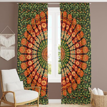 Bless International Beautiful Indian Bohemian Psychedelic Hippie Tree of Life Window Curtain Panels for Bedroom, Living, Balcony (Golden Green (25x74 Inches)(63.5x188 Cms))