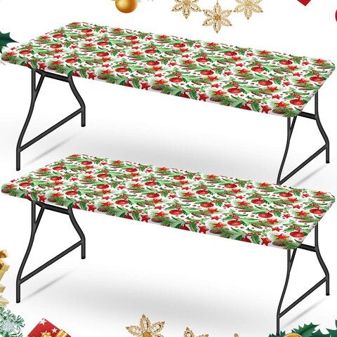 Unittype 2 Pcs Christmas Green and Red Tablecloths 30 x 72 Inches Vinyl Fitted Elastic Edge Flannel Backed Rectangle Tablecloths with Acorn Balls for Xmas Dining Party Home Decoration