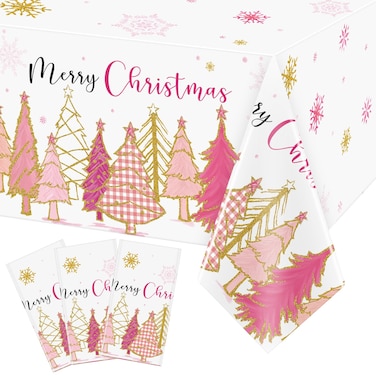 WovWeave 3 Pcs Pink Christmas Tree Plastic Table Covers Merry Christmas Tablecloth Winter Holiday Tablecloth Merry Christmas Table Cover for New Year Themed Party Decorations, 54 x 108 Inch