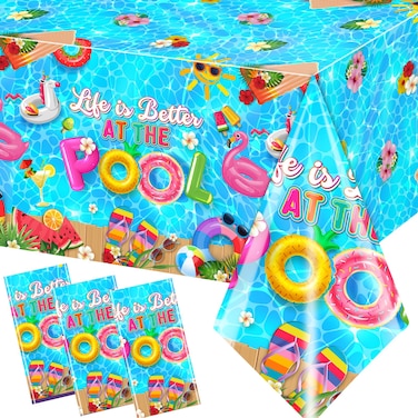 3Pieces Pool Party Decorations Tablecloth, 71 * 43 Inch Life is Better at the Pool Tablecloth Disposable Pool Party Napkins Summer Pool Party Decorations Table Cover for Summer Pool Birthday Party