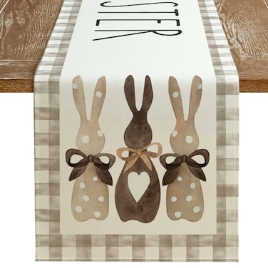 ARKENY Happy Easter Table Runner 13x36 Inches,Bunny Rabbit Spring Holiday Farmhouse Burlap Buffalo Plaid Indoor Table Decorations for Home AT381-36
