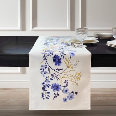 Generic Double Sided French Style Vine Floral Table Runner 16"" X 72 "", Spring Blue and Yellow Rustic Nature Garden Elegant Pattern Print Centerpiece