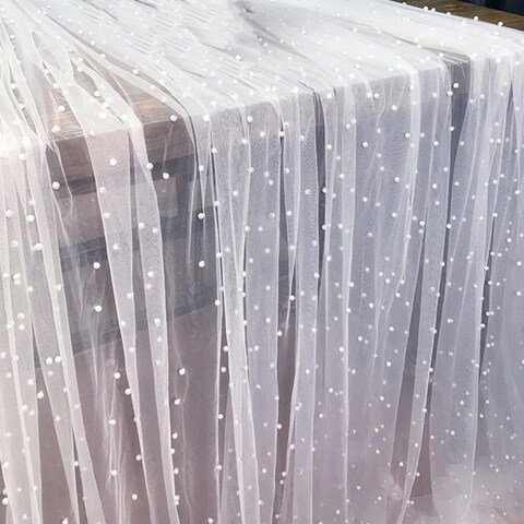 zaoalife Table Runner,White Pearl Tulle Table Runner,Wedding Arch Decorations Table Cloth,Wedding Veil Beaded Pearl Lace Fabrics Table Decorations,28.7 x 120 in