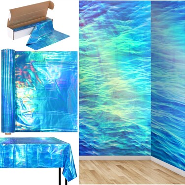 1 Roll 1200 Inch X 54 Inch Iridescent Under The Sea Tablecloth Ocean Wave Tablecloth Plastic Disposable Iridescent Table Covers Backdrop for Ocean Under The Sea Mermaid Pool Beach Party Decorations