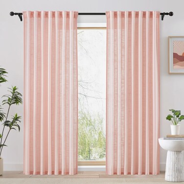 FMFUNCTEX Linen Semi Sheer Curtains 96 Inches Long for Bedroom, Pink Pinch Pleated Curtains for Living Room, Light Filtering Farmhouse Window Drapes Rod Pocket Back Tab 2 Panels Set