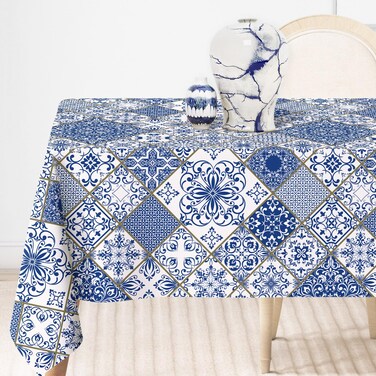 AnyDesign Blue and White Tablecloth 60 x 104 Inch Rectangle Patchwork Tile Table Cloth Washable Spanish Style Table Cover for Home Kitchen Dining Table Decoration Supplies