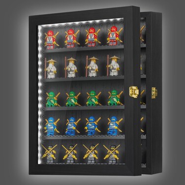 Minifigure Display Case 11X14 Inch with LED, Figures Building Block Toy Wooden Shadow Box with 98% UV Protected Acrylic Glass Door for Collecting Miniature Figurine Souvenirs