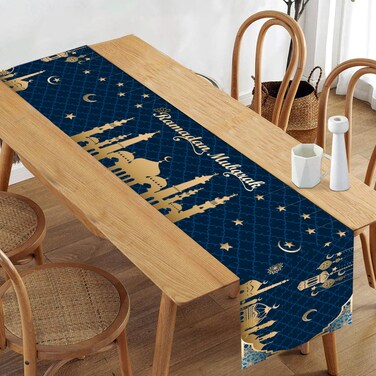 Eid Mubarak Table Runner Table Decorations, Ramadan Mosque Lantern Islamic Happy Ramadan Mubarak, 2024 Party Supplies Decorations, 13.8x70 inches