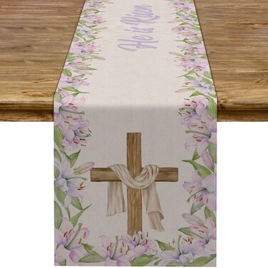 He is Risen Table Runner Easter Christian Cross Resurrection Lily Flower Spring Holiday Party Kitchen Dining Home Decor
