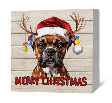JRTW Christmas Boxer Dog Wood Box Sign Decor, Boxer Dog Gifts, Merry Christmas Wooden Box Sign, Boxer Dog Christmas Decor Decoration for Home Office Desk Shelf Table Decor, Dog Lover Gifts