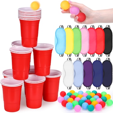 Sonwyoung 72 Pcs Pitch Games for Adults with 24 Pcs 18oz Plastic Cups in Red 36 Pack Table Tennis Balls 12 Pcs Eye Mask Pitch Game Sets Family Outdoor Indoor Party Creative Games