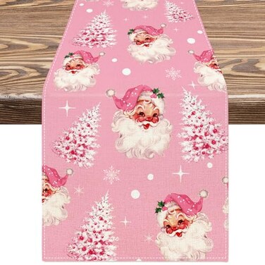 AnyDesign Pink Christmas Table Runner Xmas Tree Santa Claus Table Cover Rectangle Decorative Table Runner for Holiday Home Restaurant Decor Supplies, 13 &Atilde;&mdash; 72inch