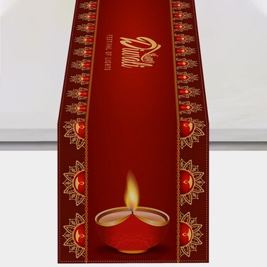 Vohado Happy Diwali Table Runner Festival of Lights Oil Lamp Red Pattern Kitchen Dining Room Home Farmhouse Holiday Party Decoration