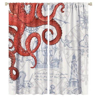 SHElifestyle Red Nautical Octopus Curtains, Ocean Kraken Anchor Lighthouse Beach Window Treatments Vintage Coastal Map Pirate Ship Window Drapes for Bedroom Living Room Kitchen 42x45in