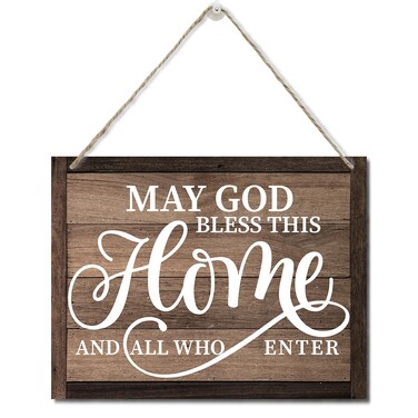 Printed Wood Plaque Sign Wall Hanging, Home Wall Decor May God Bless This Home And All Who Enter Rustic Hanging Wall Plaque Wood Signs, Housewarming Gifts, Blessed Family Sign I