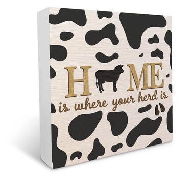 Inspirational Cow Print Wooden Box Sign, Rustic Farmhouse Style Wood Box Sign Decor for Home Office Desk Table Shelf Accessories Decoration, Cow Gifts for Cow Lovers, Housewarming Gifts, 5 X 5 In