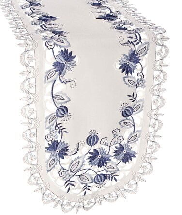 Embroidered Delft Blue Onion Flower Table Runner, Dresser Scarf, Doily (15Wx34L)