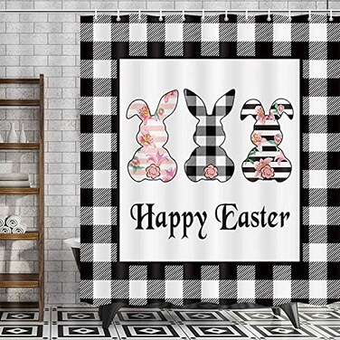 Boziqr Happy Easter Shower Curtain, Cute Bunny Rabbit with Spring Flower Shower Curtains for Bathroom, Buffalo Check Plaid Farmhouse Bathroom Curtains, 70 x 70 Inches