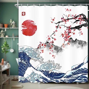 JAWO Japanese Art Ocean Shower Curtain, Spring Flower Cherry Blossom Red Sun Grey Mount Print Fabric Shower Curtains, Asian Anime Chic Home Bathroom Decor 69X70 Inches