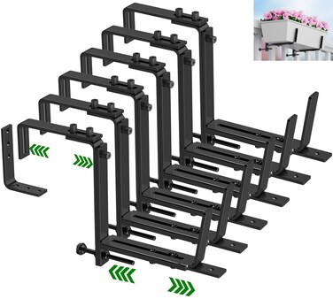 HFHOME 6PCS Adjustable Planter Box Brackets, Brackets for Window Boxes Planters Hanging Flower Box Holders, Heavy Duty Wall Mount Holder for Windowsills, Garden, Fences, and Balcony - Black