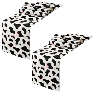 Kingdder 2 Pcs Linen Pink Cow Print Table Runner 13 x 72 in Black and White Cowhide Table Runners Cow Print Table Runner for Girl Boy Cow Farm Animal Baby Birthday Home Kitchen Table Decorations
