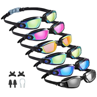 Anrgterg Swim Goggles, 6 Pack Anti Fog Swimming Goggles No Leaking Water Clear Vision Full Protection Silicone Goggles with Ear Plugs Nose Clip for Adult Women Men Teenagers