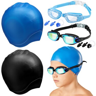 4 Pack Swim Caps for Kids Swimming Cap and Goggles for Boys Girls Silicone Swim Bath Hats with Ear Plugs Nose Clip for Short Long Hair Age 8-15 Youth(Black, Blue)