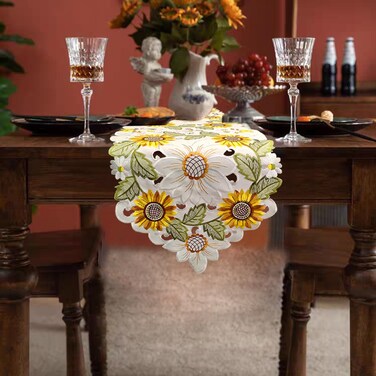 AMZALI Rectangular Table Runner, Embroidered Sunflower Cutwork Floral Dresser Scarf for Home Kitchen Dining Holiday Party Tabletop Decoration 14"x 70