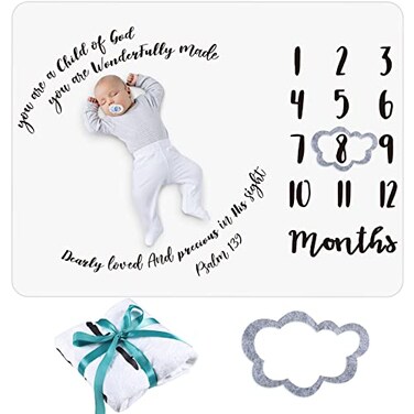 Baby Monthly Milestone Blanket 50" x 40" Soft Flannel Blanket with Growth Chart Felt Frame Christian Swaddling Blanket Baby Shower Gender Neutral Gift for Newborn Picture Nursery Decor