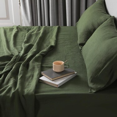 XZ XIFA Green Linen Sheets California King,100% Washed French Flax Organic Linen Sheets, Breathable and Cooling Sheets for Hot Sleepers (1 Flat Sheet, 1 Fitted Sheet, 2 Pillowcases)