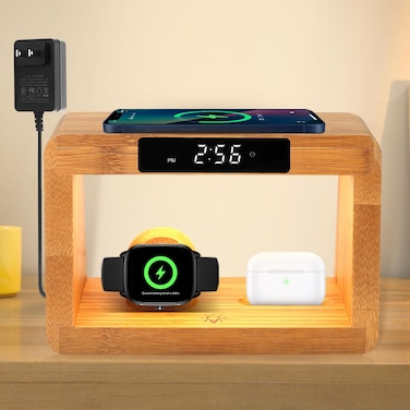 HQOBZX Wooden Bedside Table Lamps for Bedroom with Wireless Charger, LED Desk Lamp with USB Charging Port, 3 Night Light Modes Dimmable Touch Bedside Lamps with Alarm Clocks for Home Office