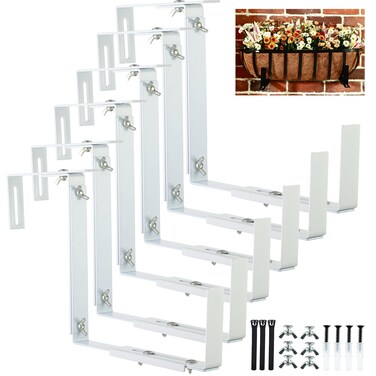 6 Packs Window Box Brackets Adjustable Planter Box Bracket Flower Box Holders for Outside Deck Railing Heavy Duty Flower Box Wall Mounting Hooks for Indoor Outdoor, 6 to 12 Inches,3 Pairs White