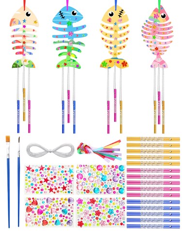 Benvo 12 Pack Wood Wind Chime Make Your Own Chimes Fishbone Ornaments Wooden Chime Kits with Gem Diamond Stickers for DIY Arts and Crafts Kids Birthday Party Gift Making Children Craft Fun(4 Designs)