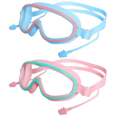 Haakong 2Pcs Pink and Blue Swimming Goggles No Fog Swimming Goggles With 2 Earplugs for Boys Girls No Leaking Goggles Swimming Wide Vision Swim Goggles for Child 6-14