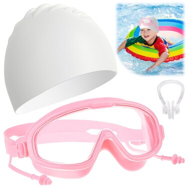 JJYHEHOT Kids Swimming Goggles and Cap, White and Pink Girls Anti Fog Swim Goggles with Ear Plugs, Silicone Waterproof Swim Cap