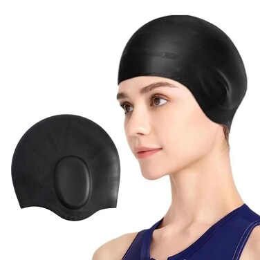 Black Silicone Swim Cap with 3D Ear Protection - Fit Small to Medium Head Size, Best for Head Circumference Under 24 inches - Waterproof Swim Cap - high-Elasticity Silicone
